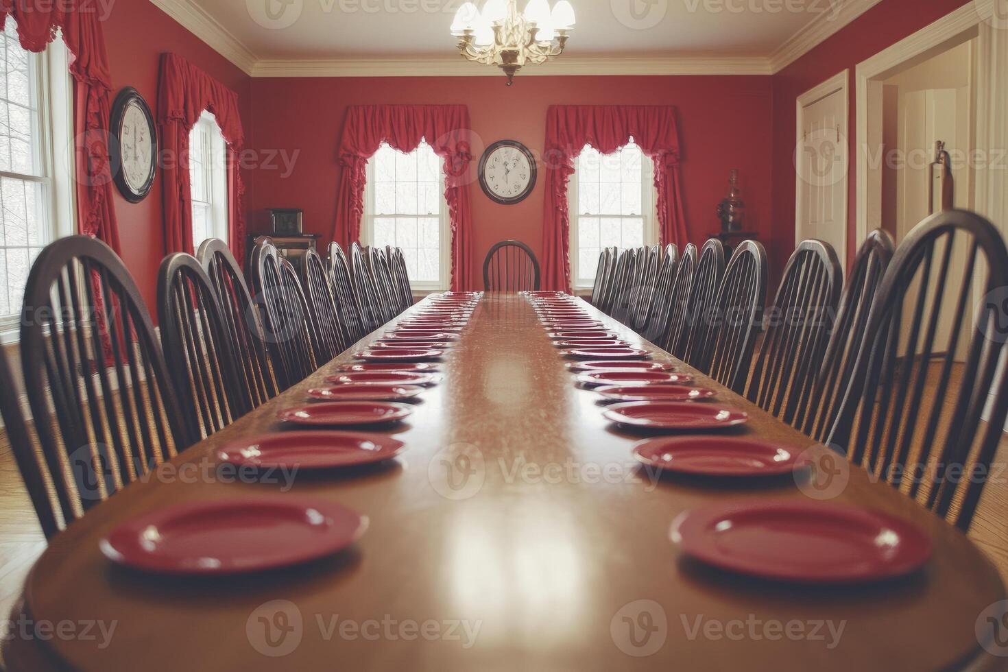 A long table with red walls and red plates photo