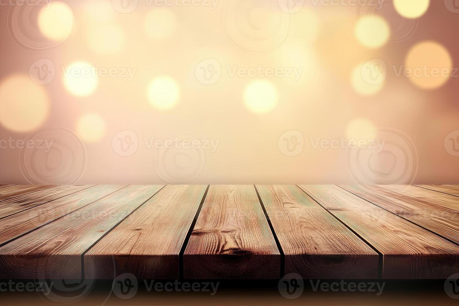 Wooden table with bokeh lights background photo