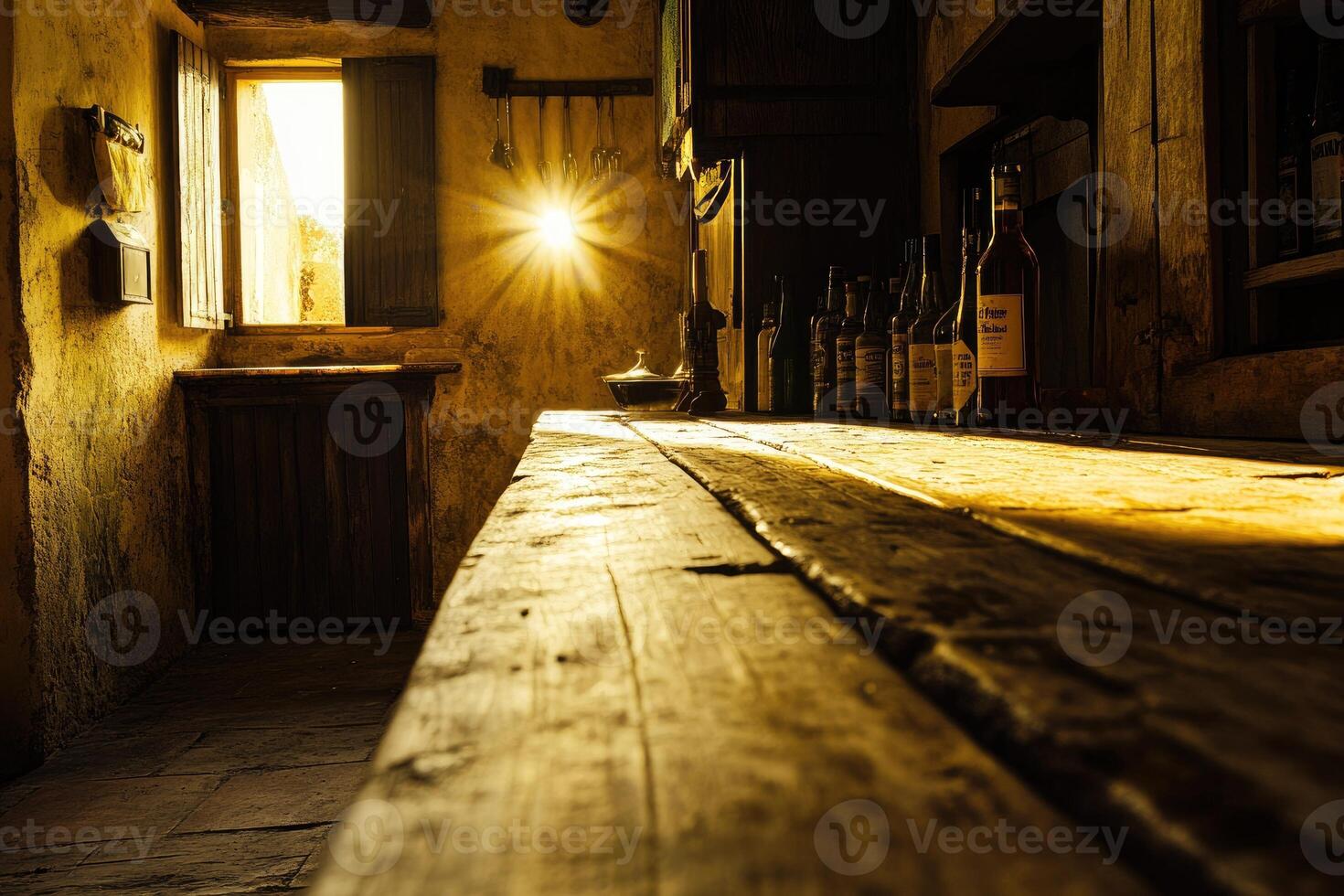 A wooden table with bottles on it photo
