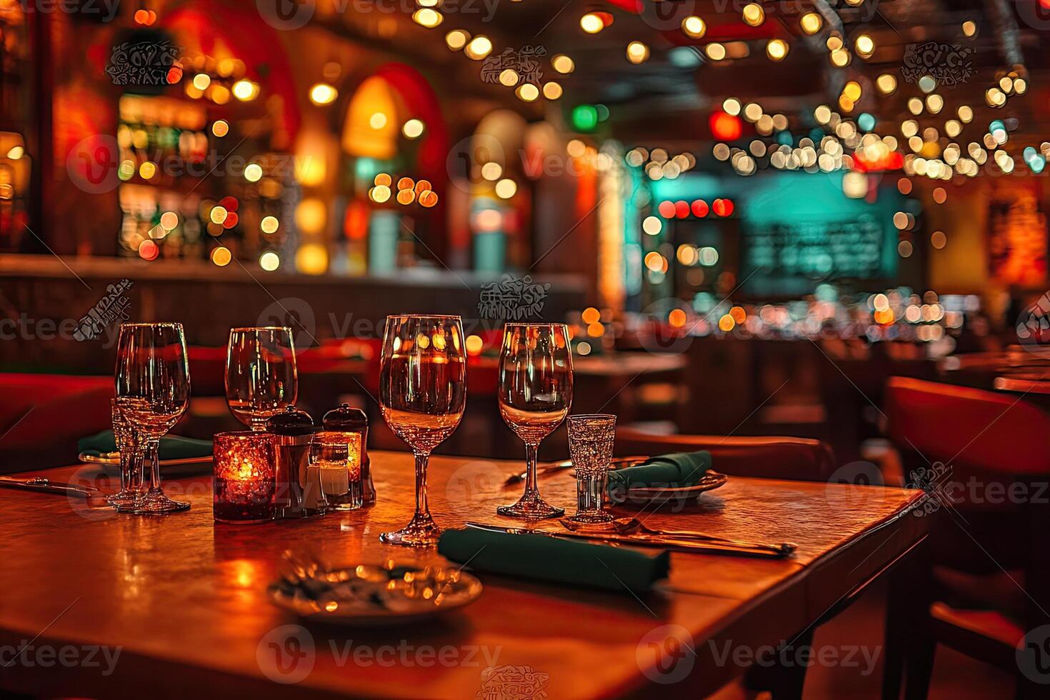 A restaurant table with wine glasses and candles photo