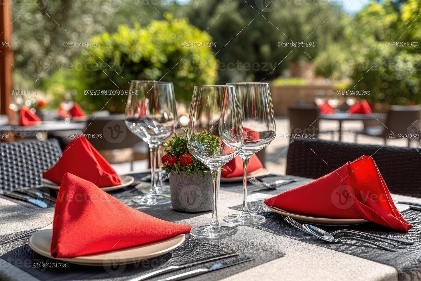 Restaurant table setting with red napkins and wine glasses photo