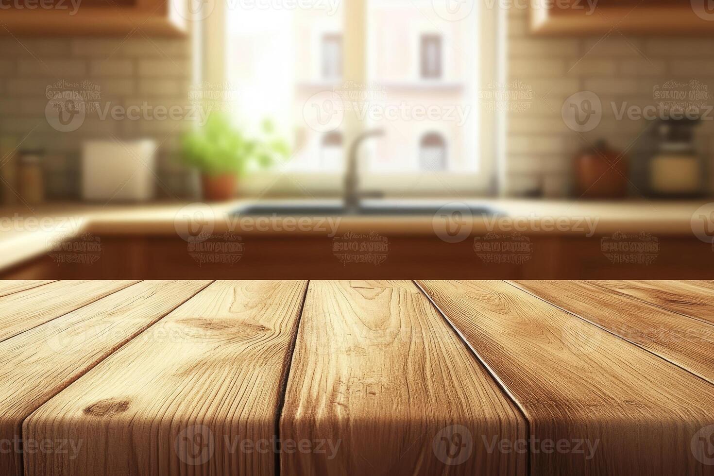 Wooden table in kitchen with kitchen sink photo