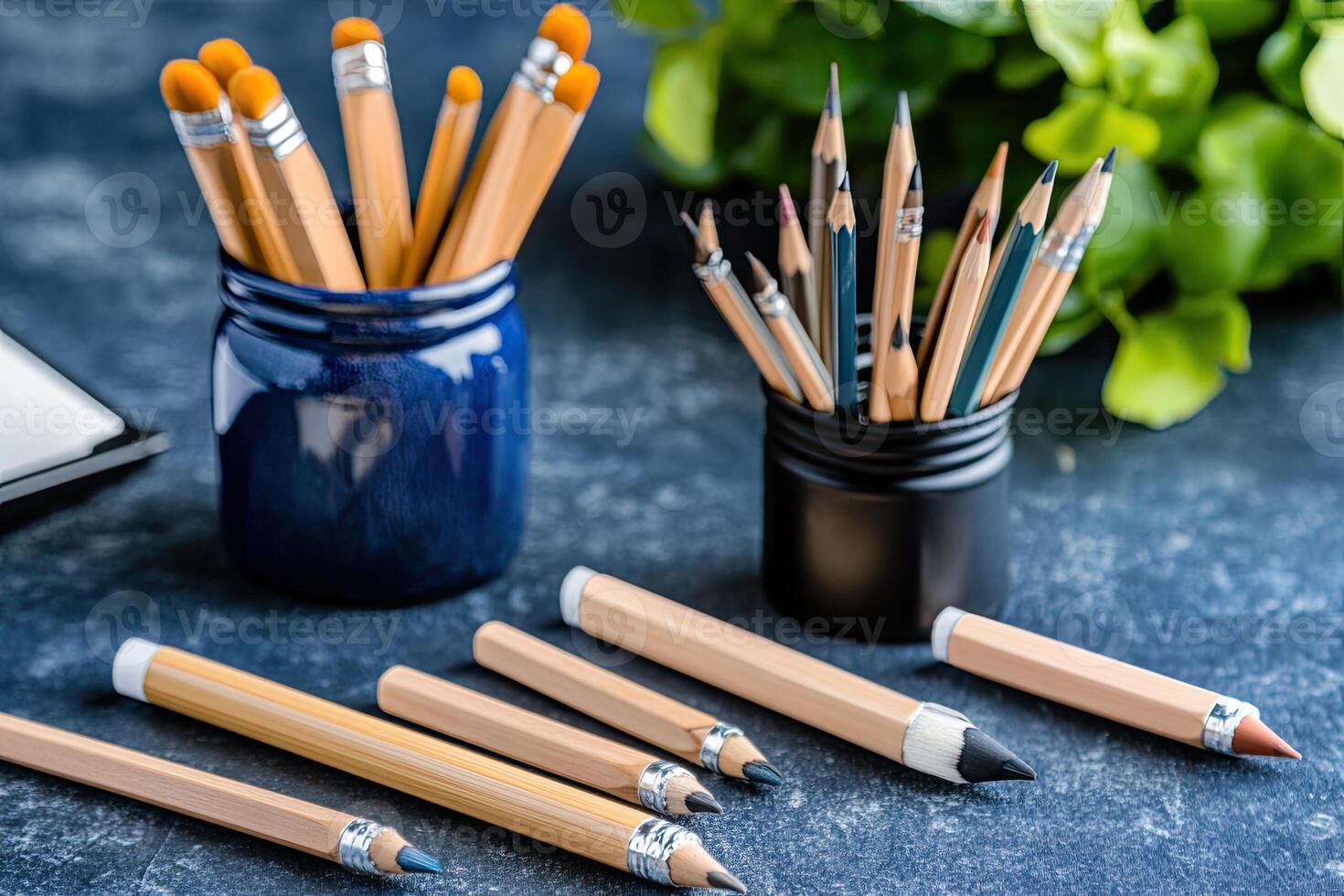 Pencils and pens in blue vases on a dark table photo