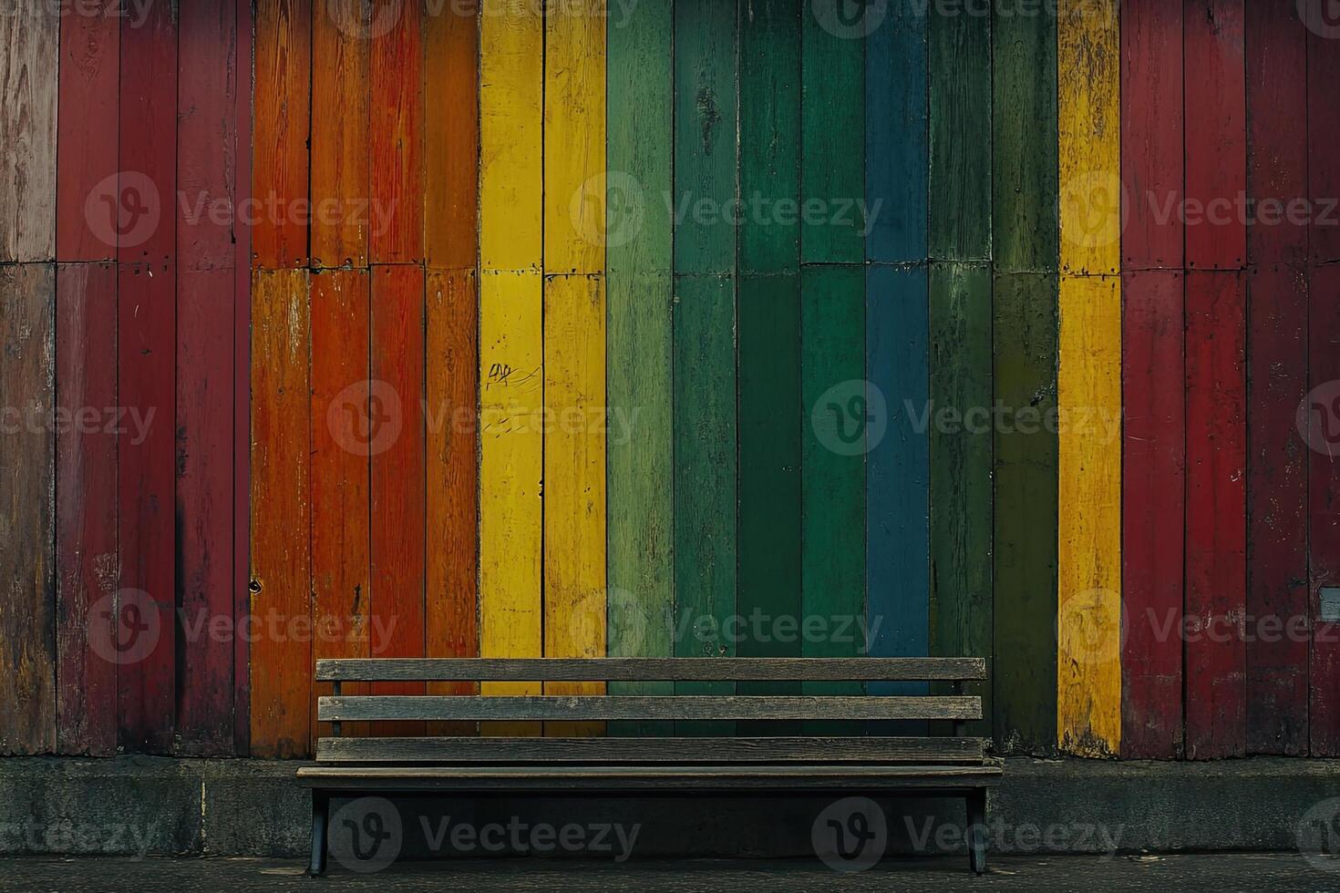 A wooden bench sitting in front of a wall photo
