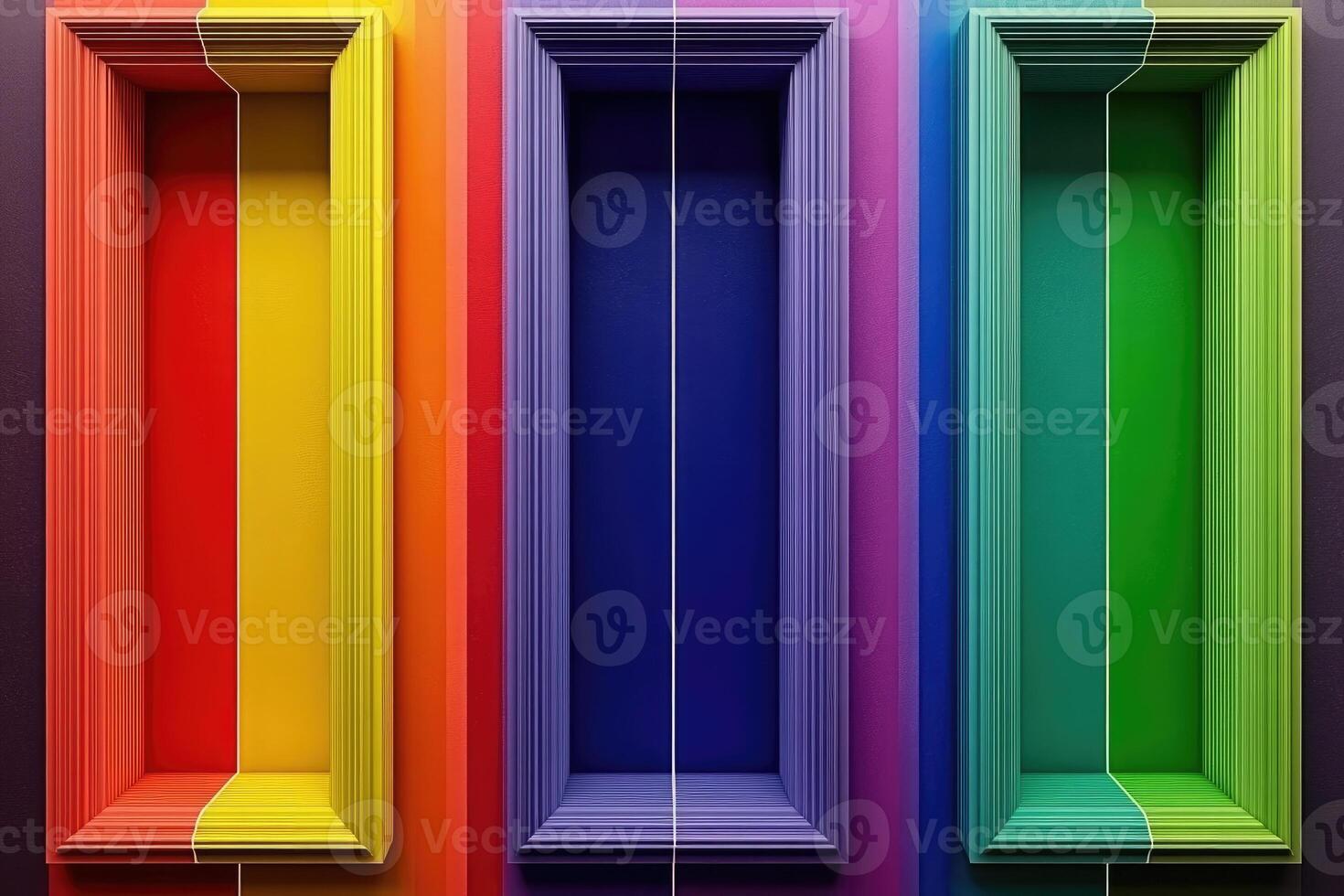 A rainbow colored wall with four different colored doors photo