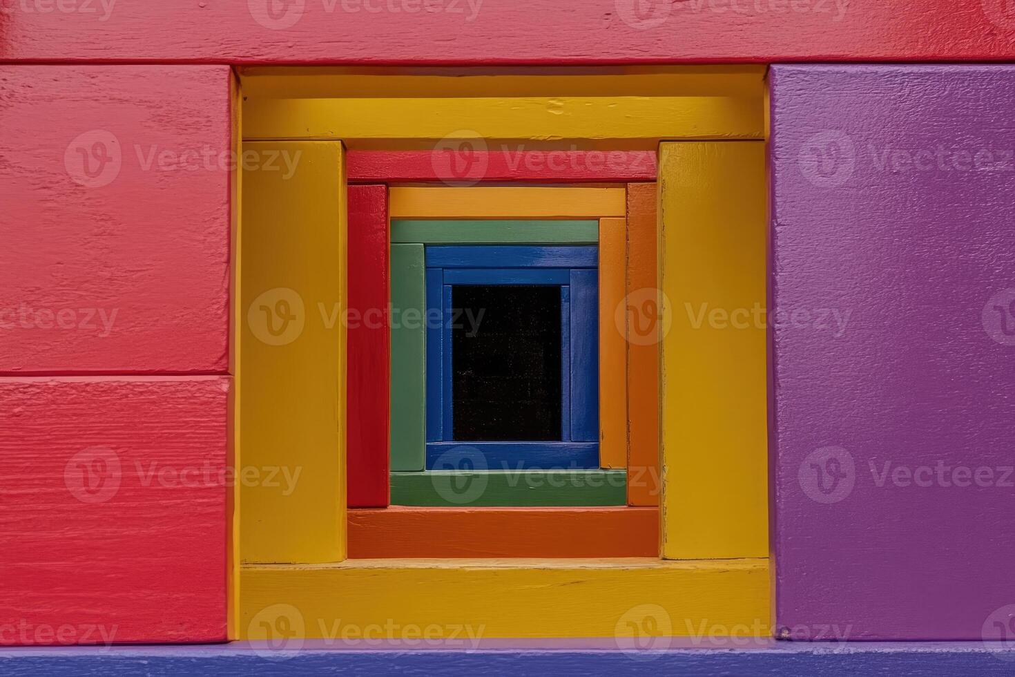 A colorful wooden building with a window in the middle photo