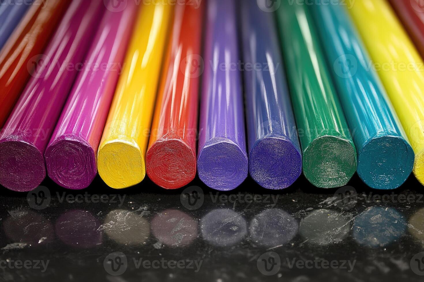 A row of colored pencils on a black surface photo