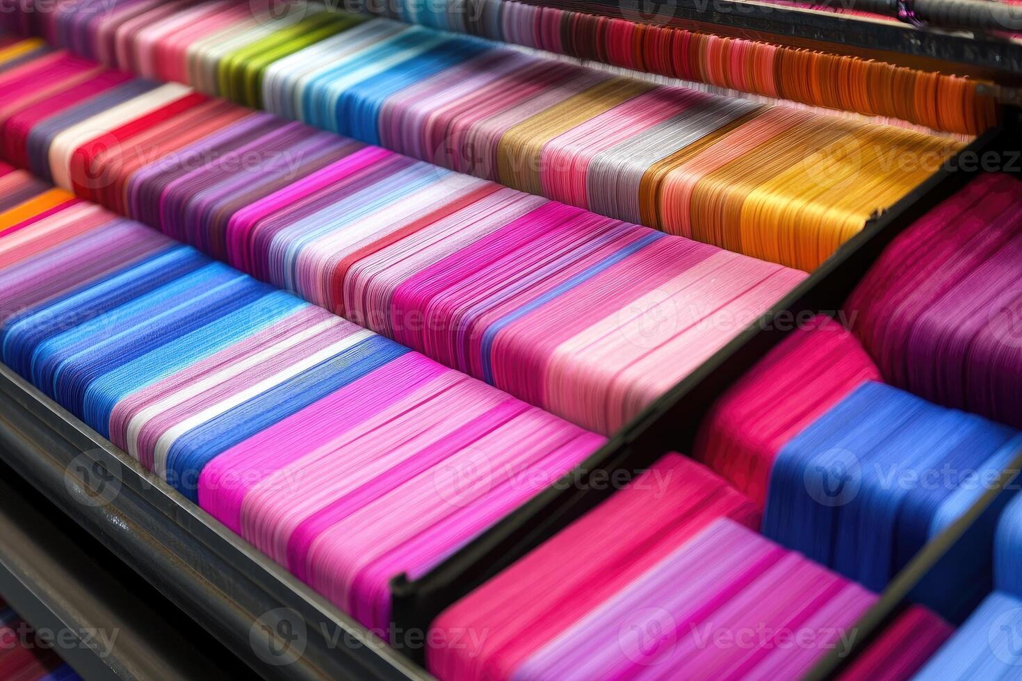 Colorful fabric samples in a store photo
