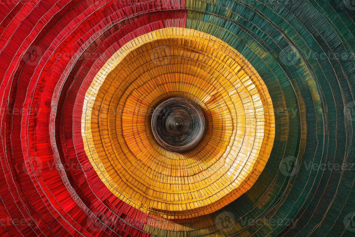A circular red, yellow and green colored wall photo