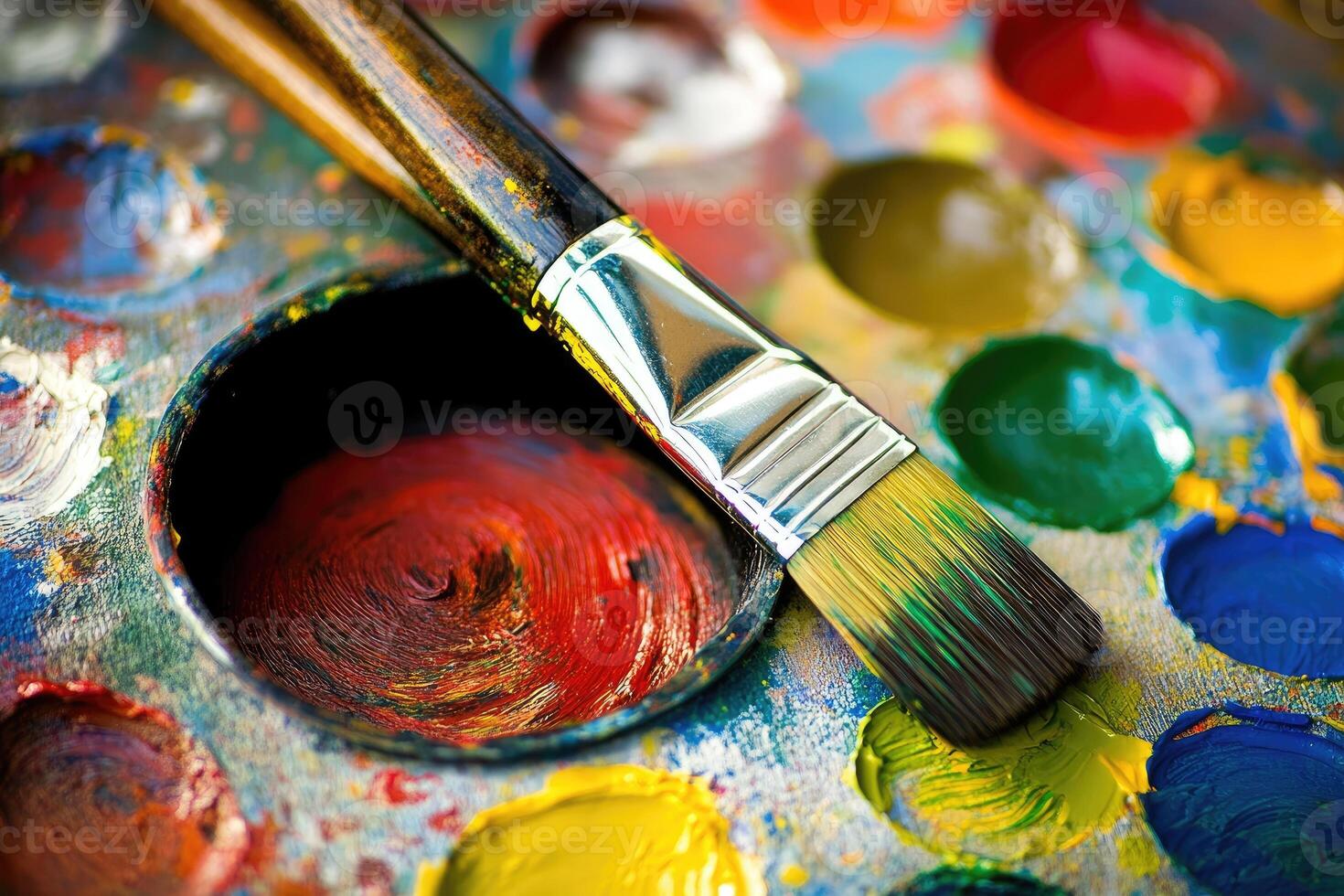 A paint brush and palette with paint on it photo