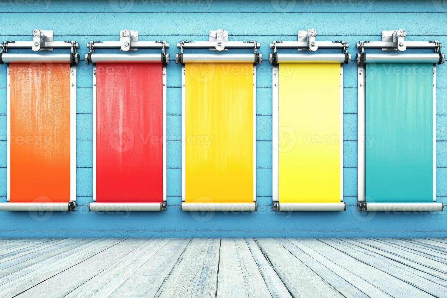 Colorful rollers on a blue wall with a wooden floor photo