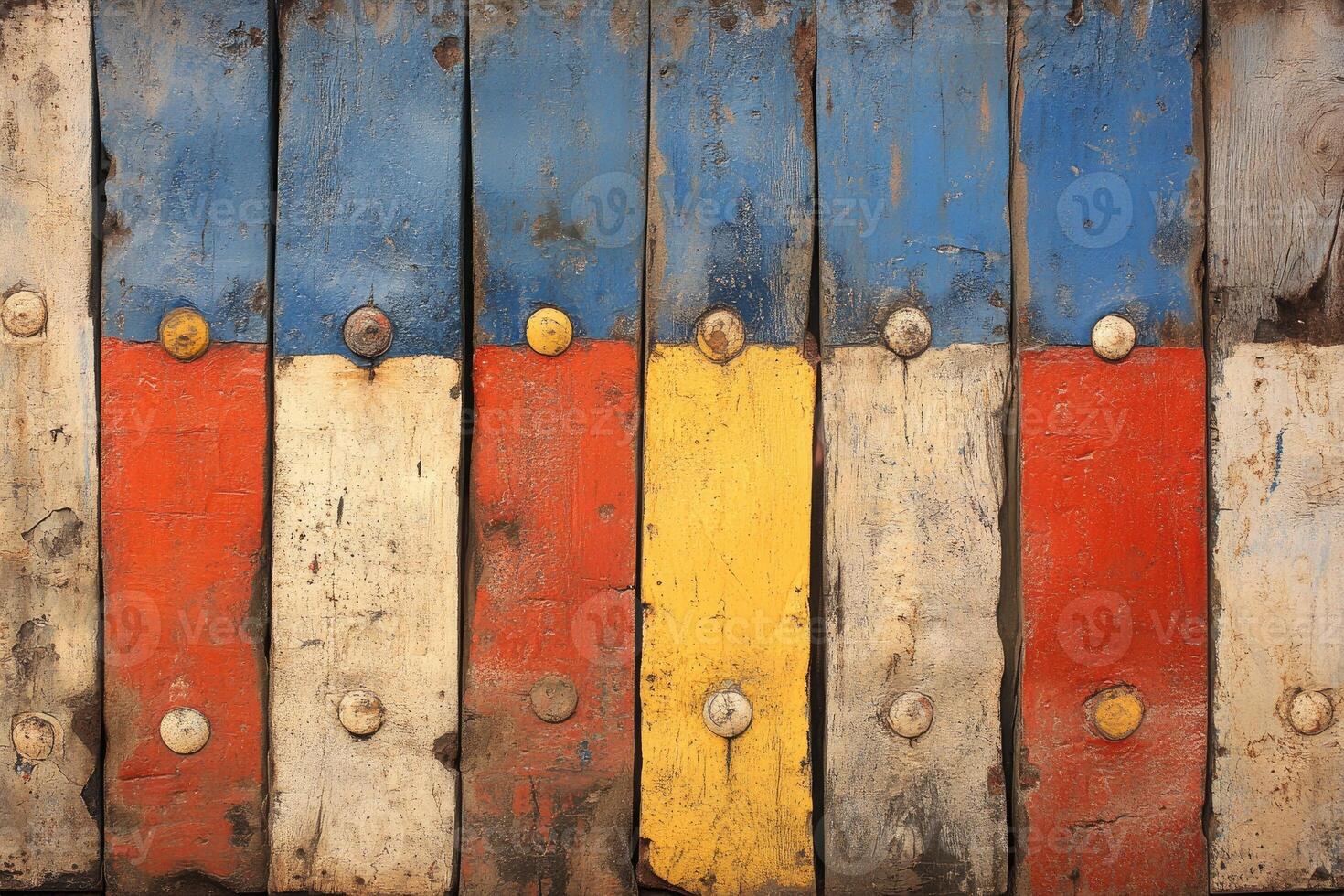 Colorful wooden fence with painted nails photo