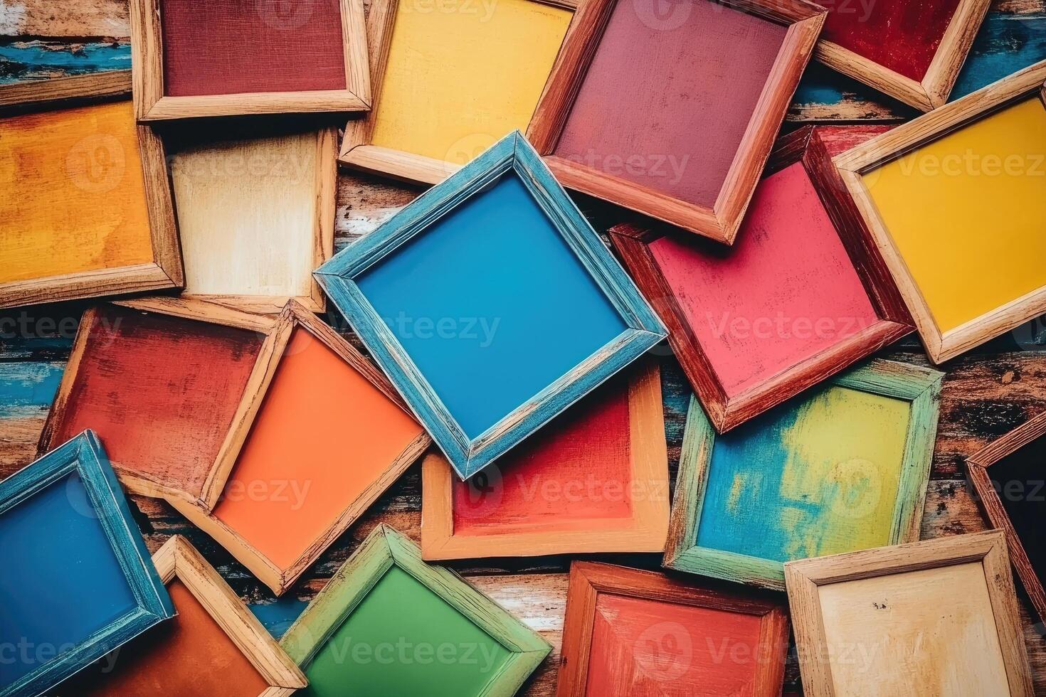 Colorful frames on a wooden background photo