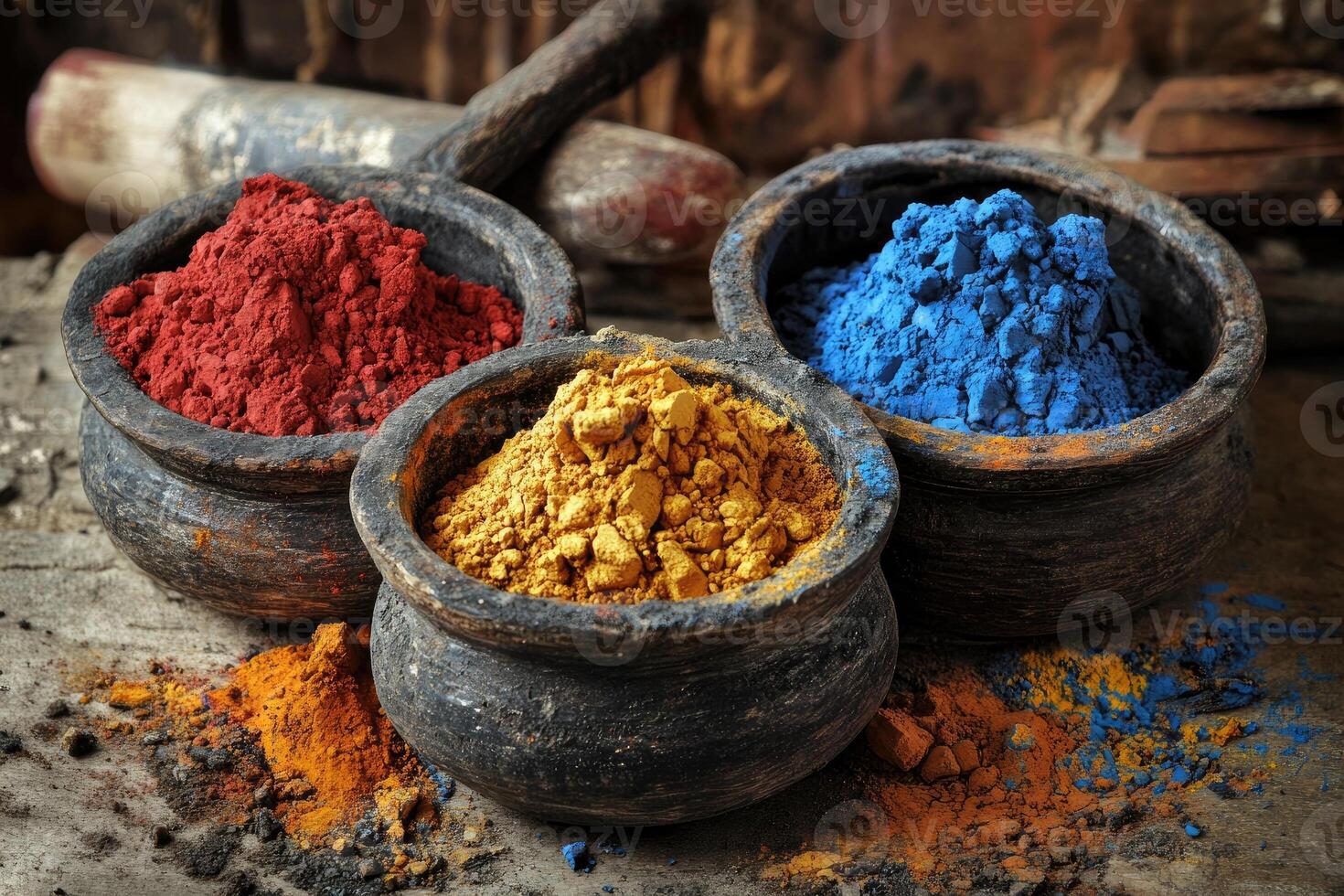 Three bowls of colored powder sitting on a wooden table photo