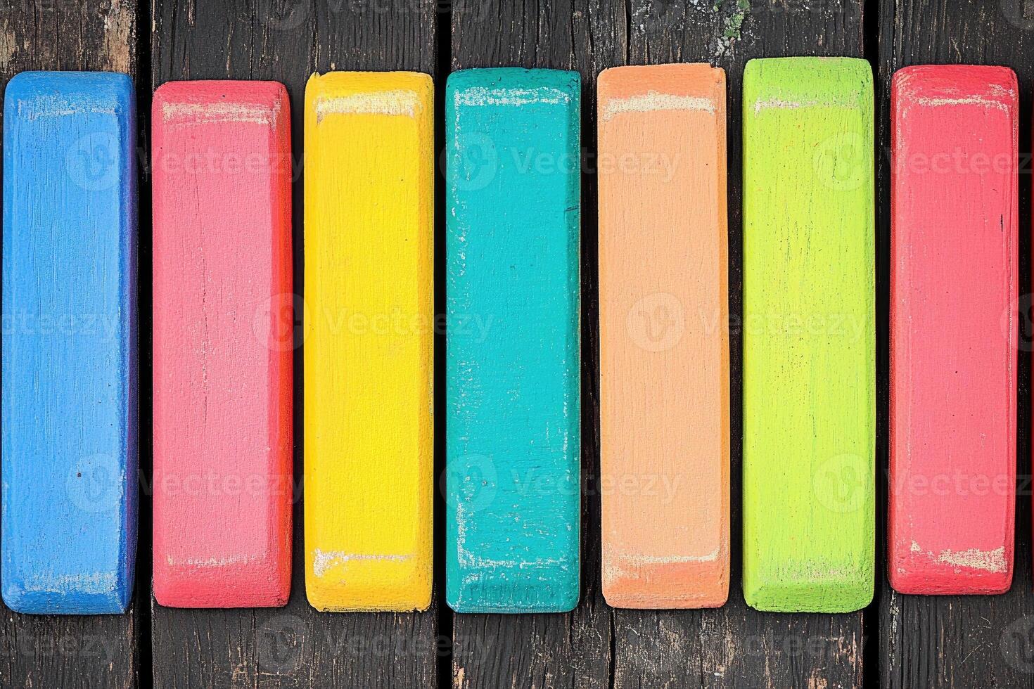 A row of colorful wooden blocks on a wooden table photo