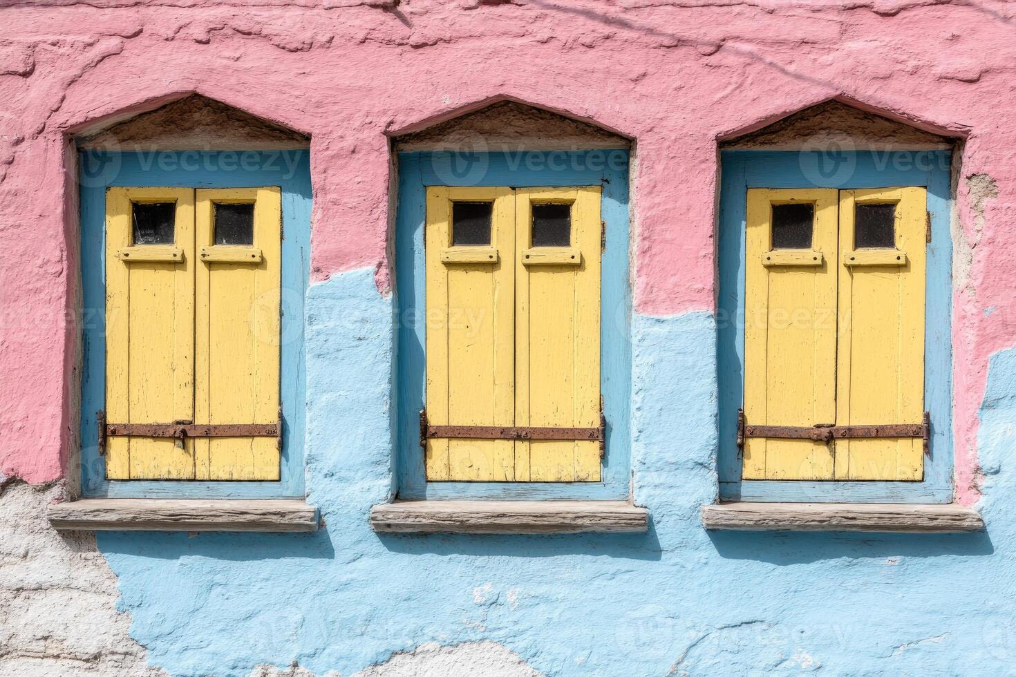 Three colorful windows on a pink and blue wall photo