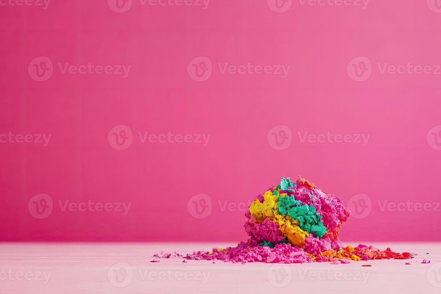 A colorful powder ball sitting on a table with a pink background photo