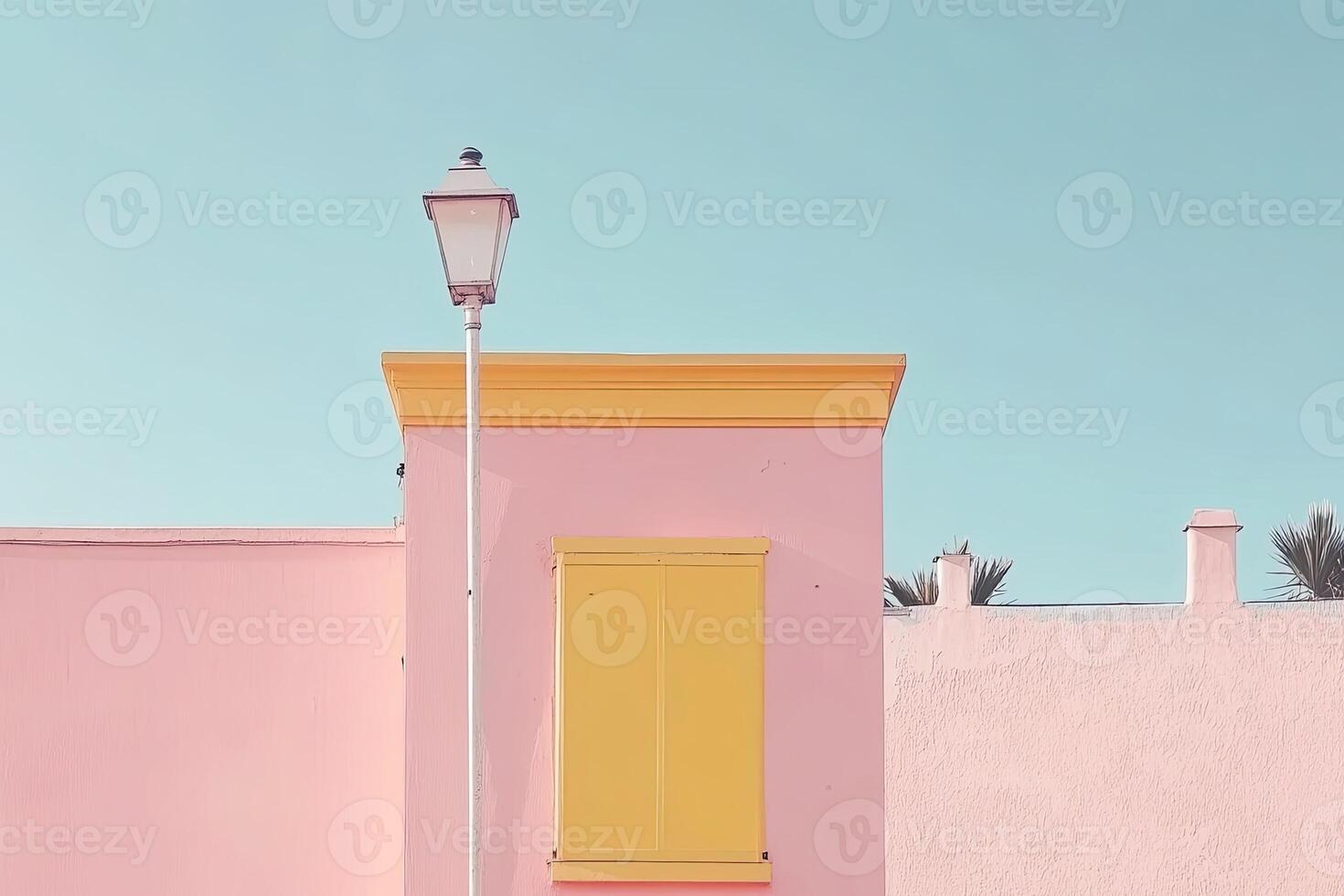 A pink building with yellow shutters and a street lamp photo
