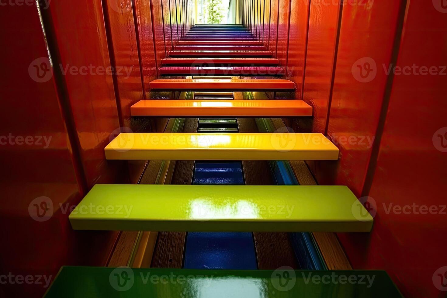 A stairway with colorful steps in a red building photo