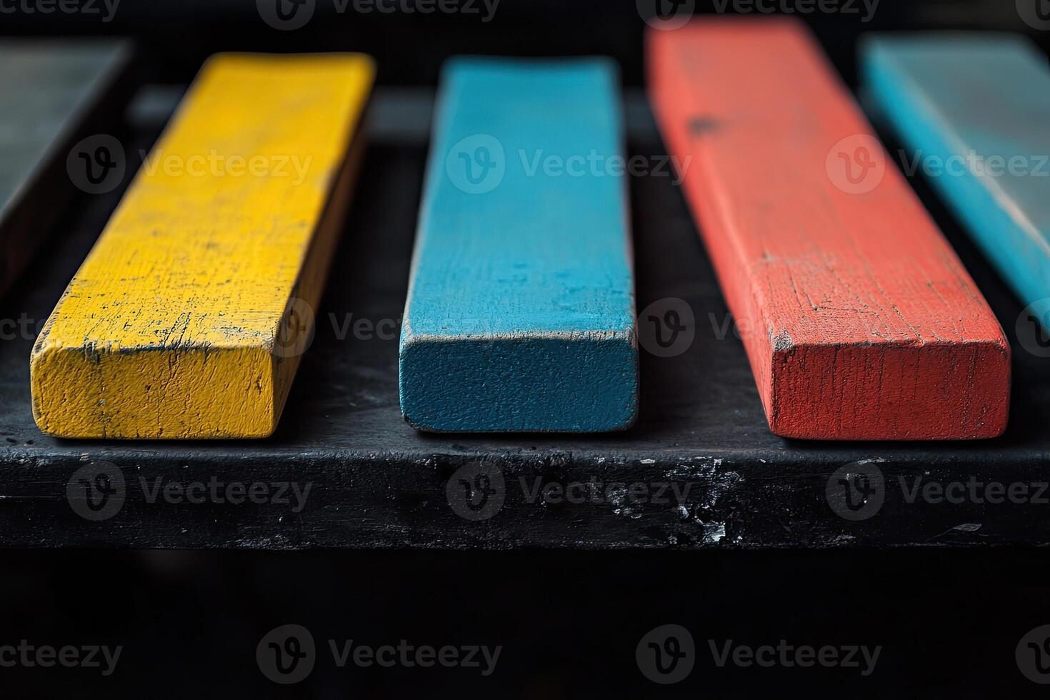 A row of colorful wooden blocks on a black surface photo