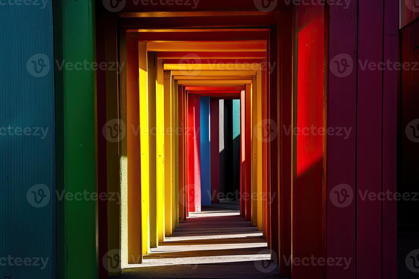 A colorful hallway with many different colored wooden poles photo