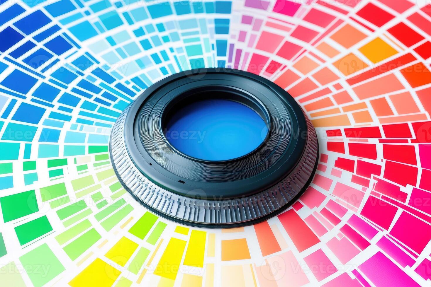 Colorful mosaic background with a camera lens and a color wheel photo
