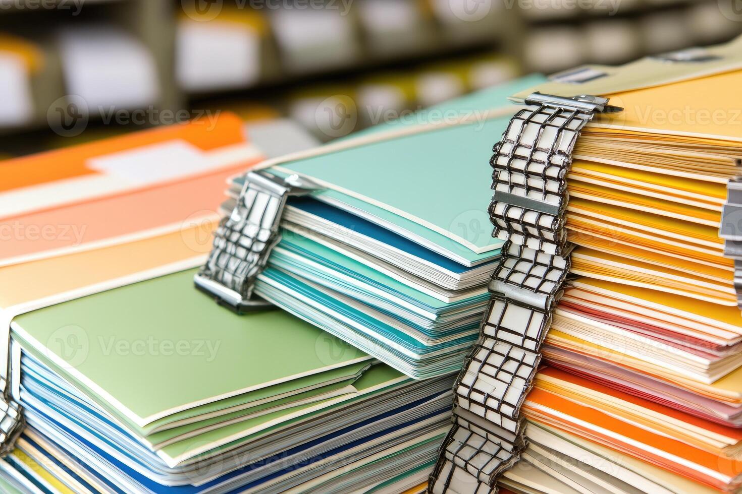 A stack of folders with different colored papers photo