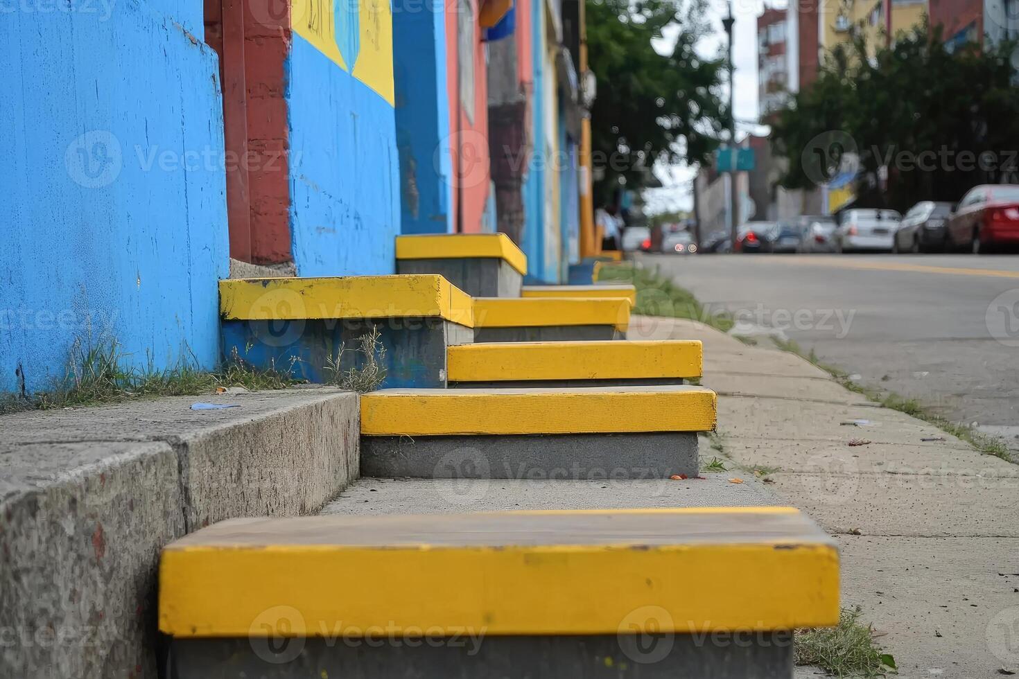 Steps in front of a colorful building photo
