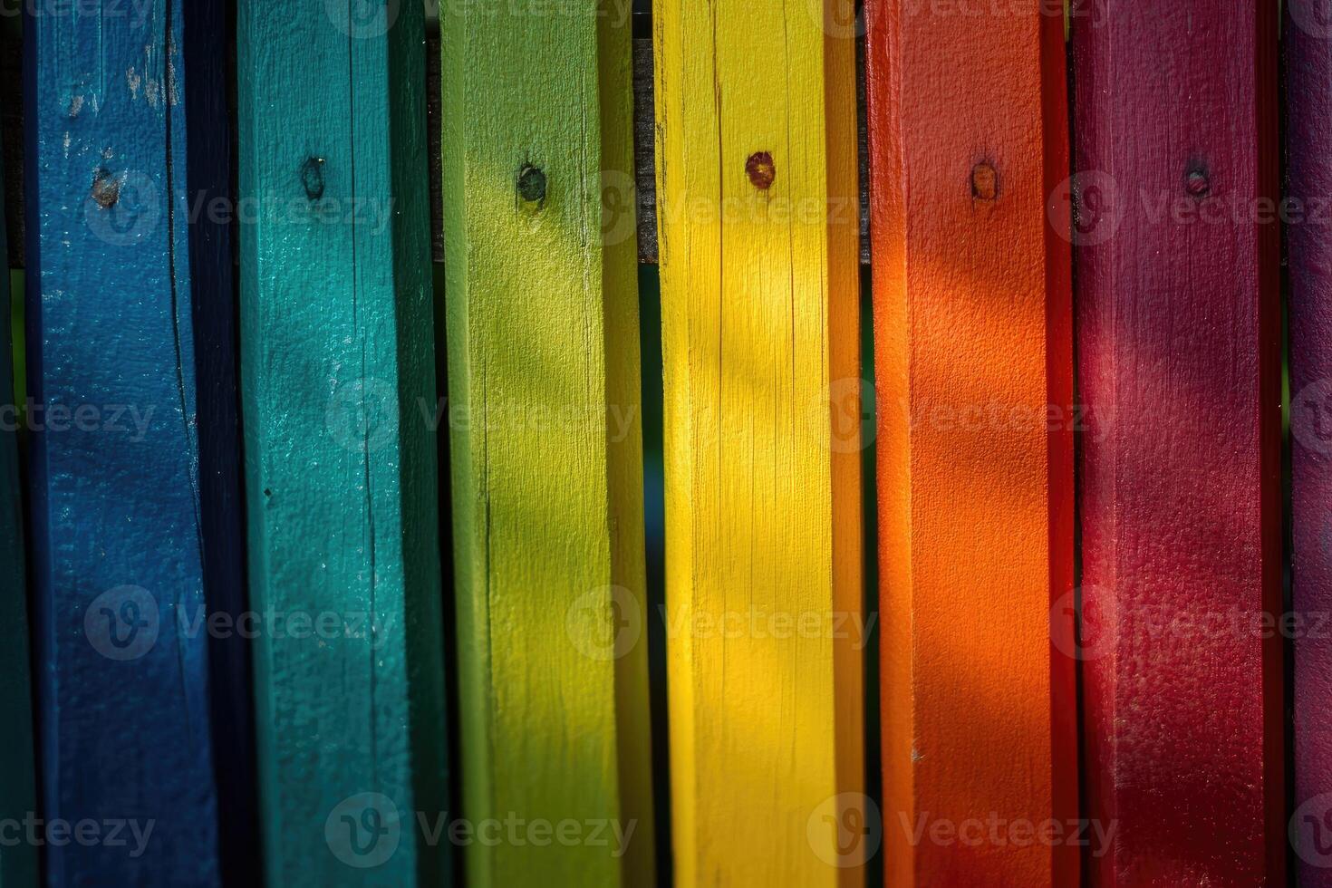 A rainbow colored fence with many different colored posts photo