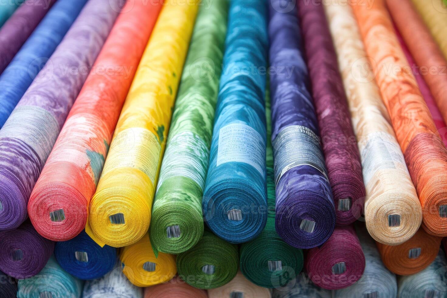 A large pile of colorful fabric rolls photo