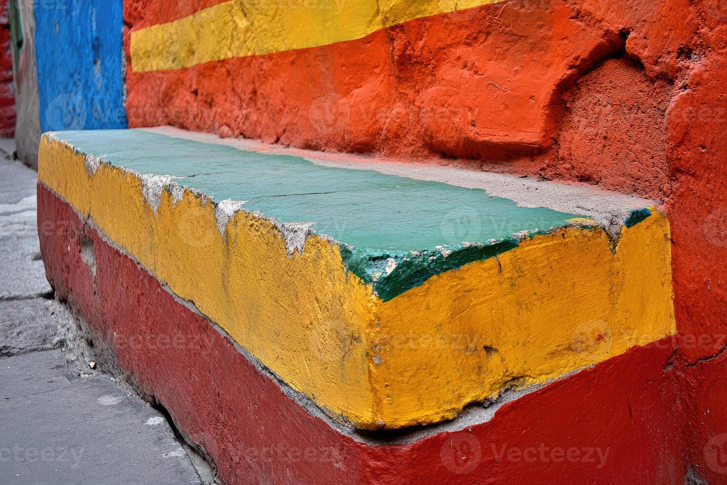 A colorful wall with a bench painted on it photo