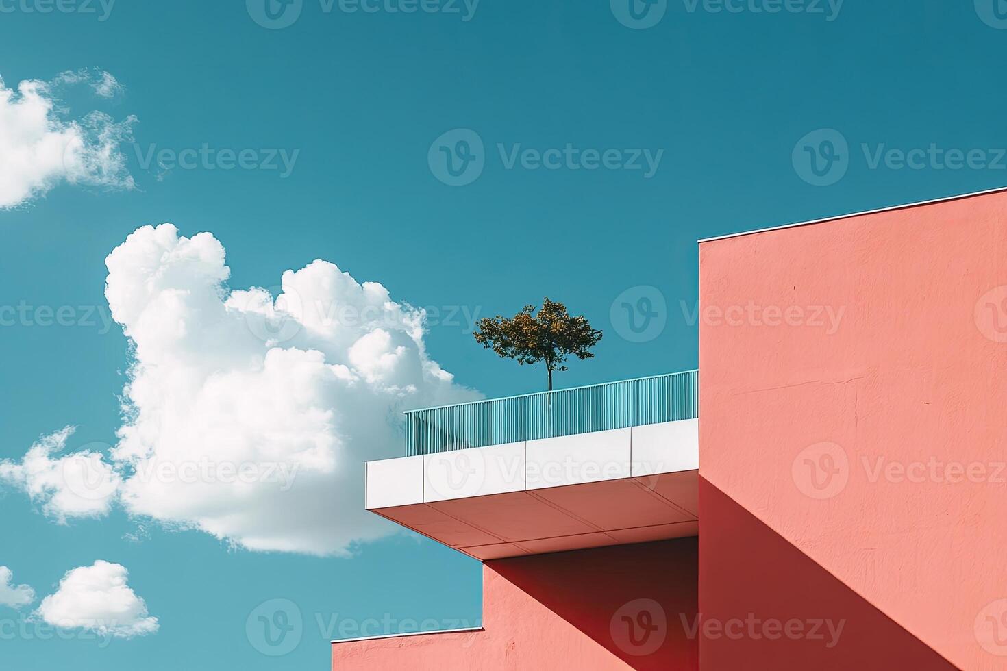 A tree is on the balcony of a pink building photo