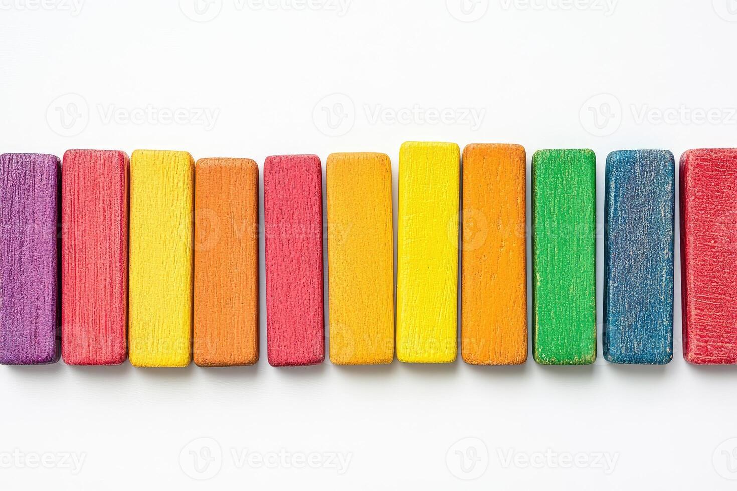 A row of colorful wooden blocks on a white background photo