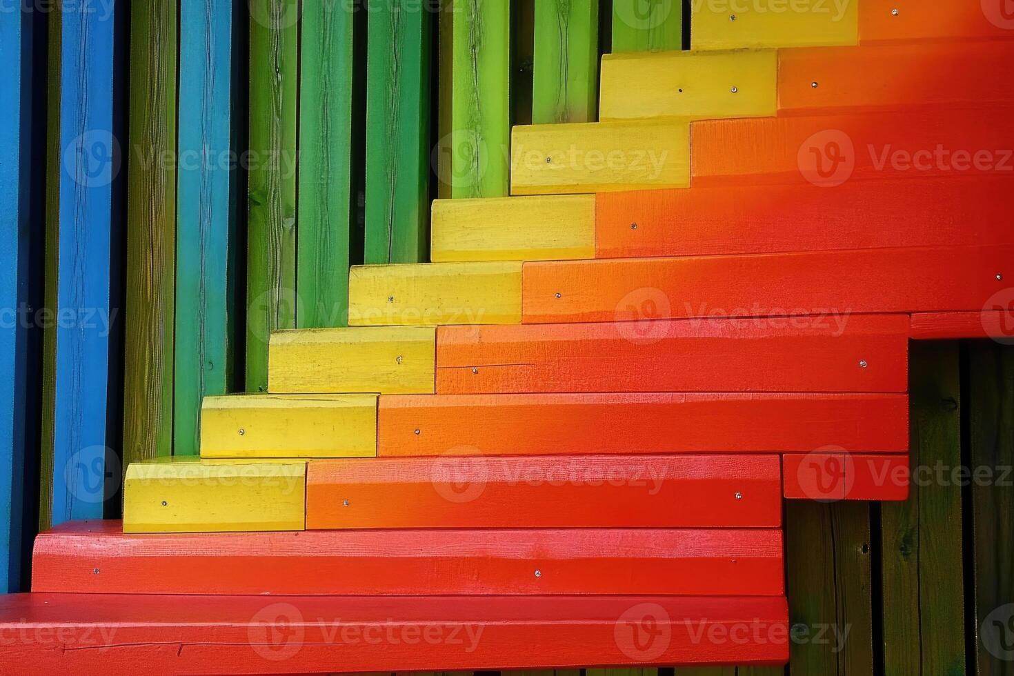 A rainbow colored staircase with a wooden wall photo
