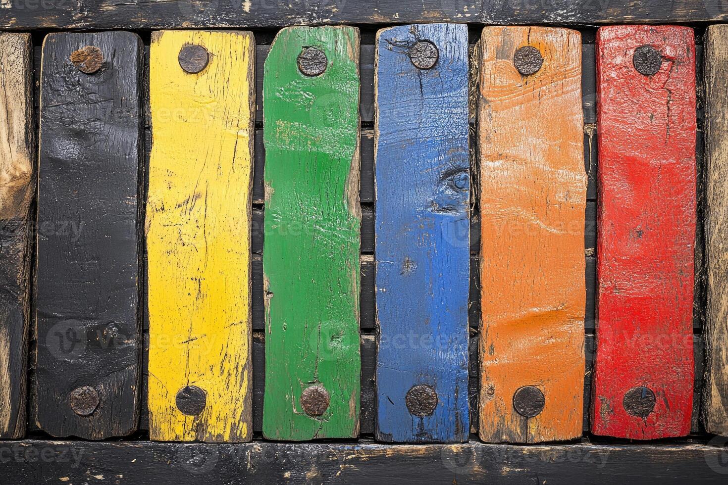 A row of colorful wooden planks with a black background photo