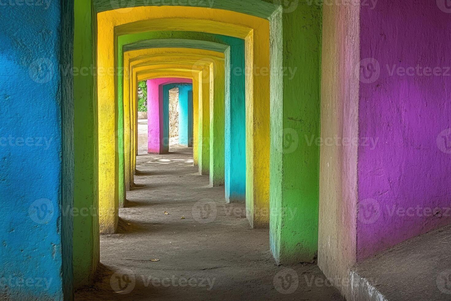 A colorful hallway with many colorful doors photo
