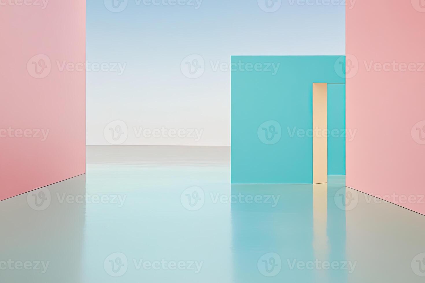 A pink and blue room with a door and a window photo