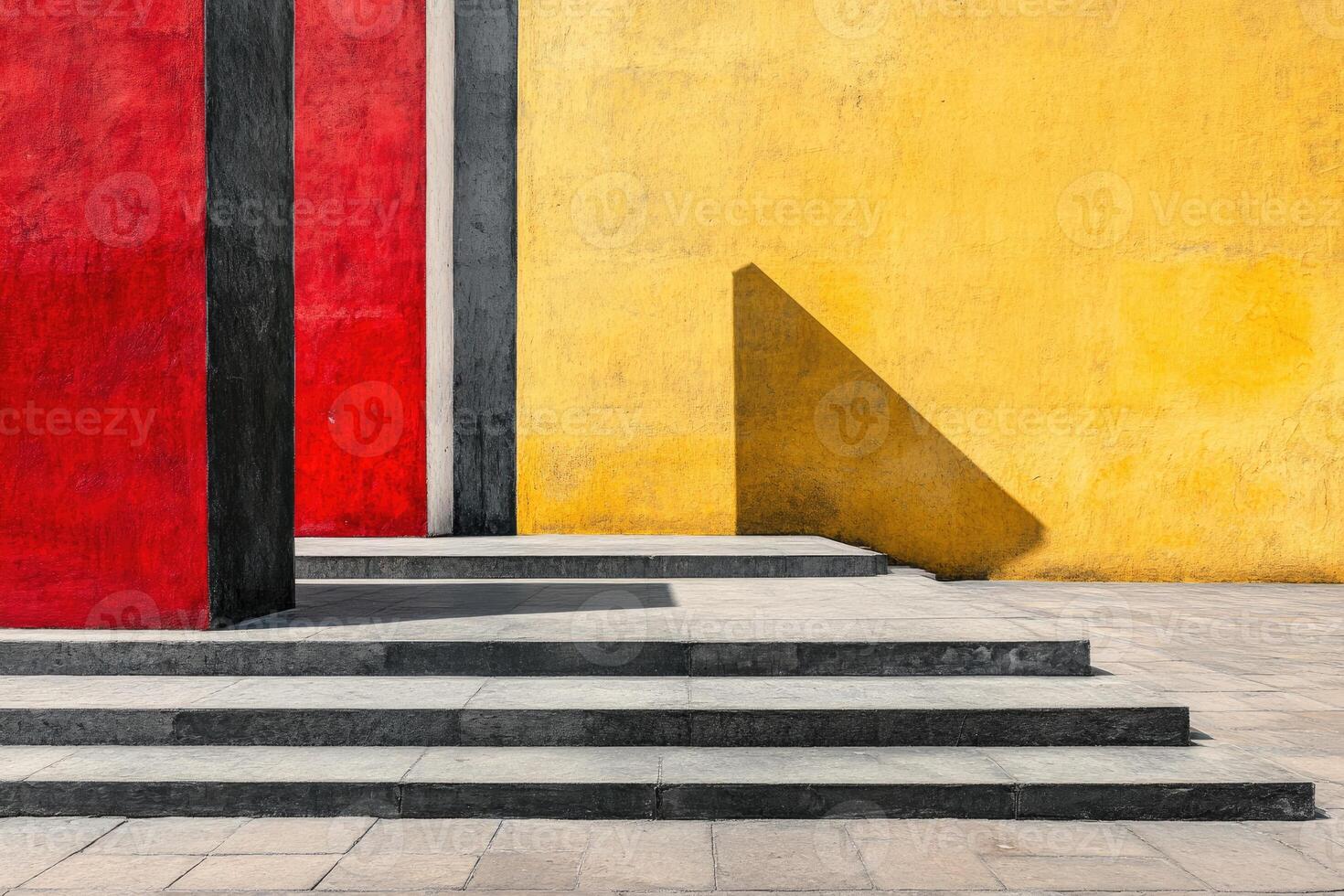 A red and yellow wall with steps and a black and white building photo