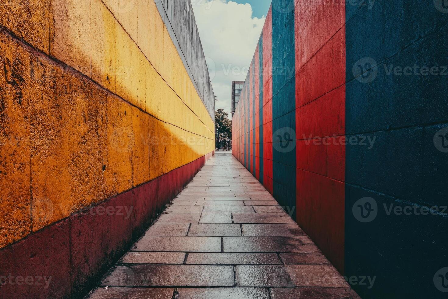 A walkway with colorful walls and a blue sky photo