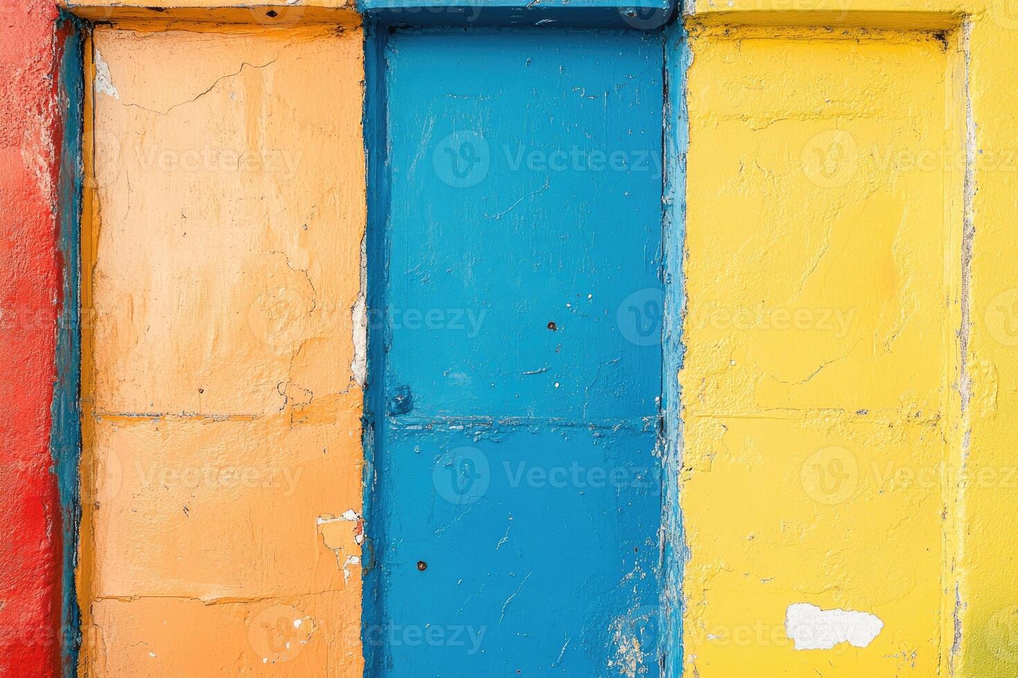 A colorful wall with a door and a fire hydrant photo