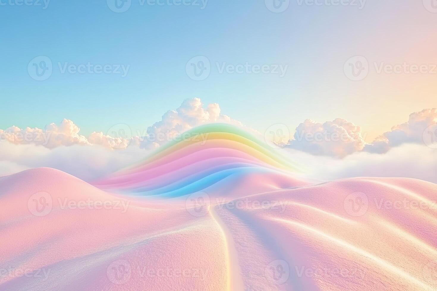 A rainbow is seen in the sky over a desert photo