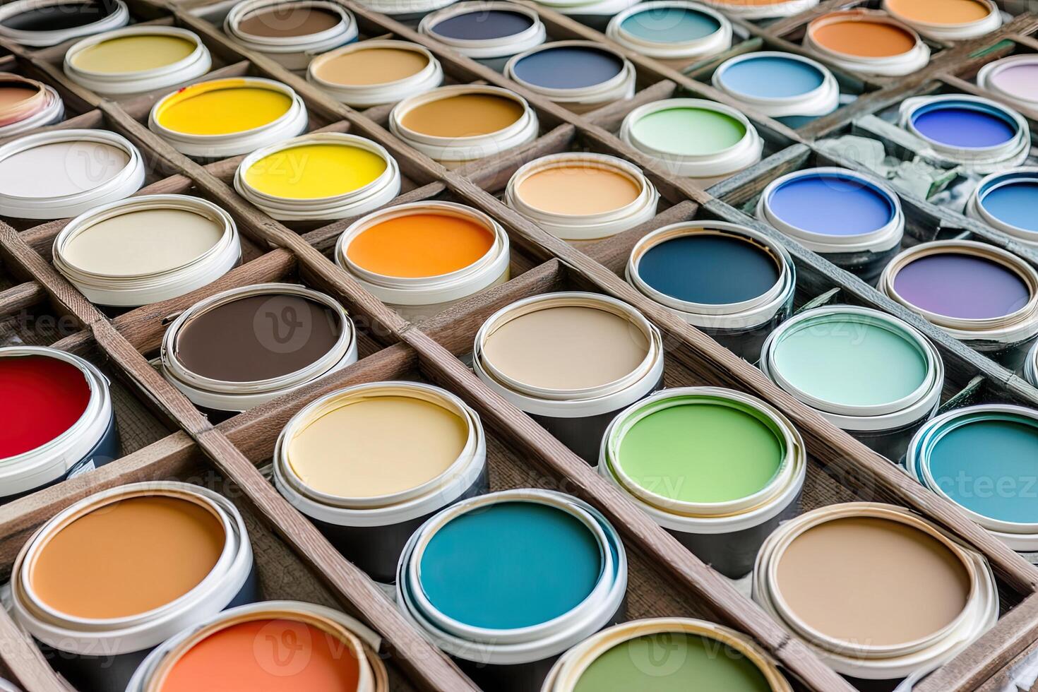 Paint cans are arranged in a wooden box photo