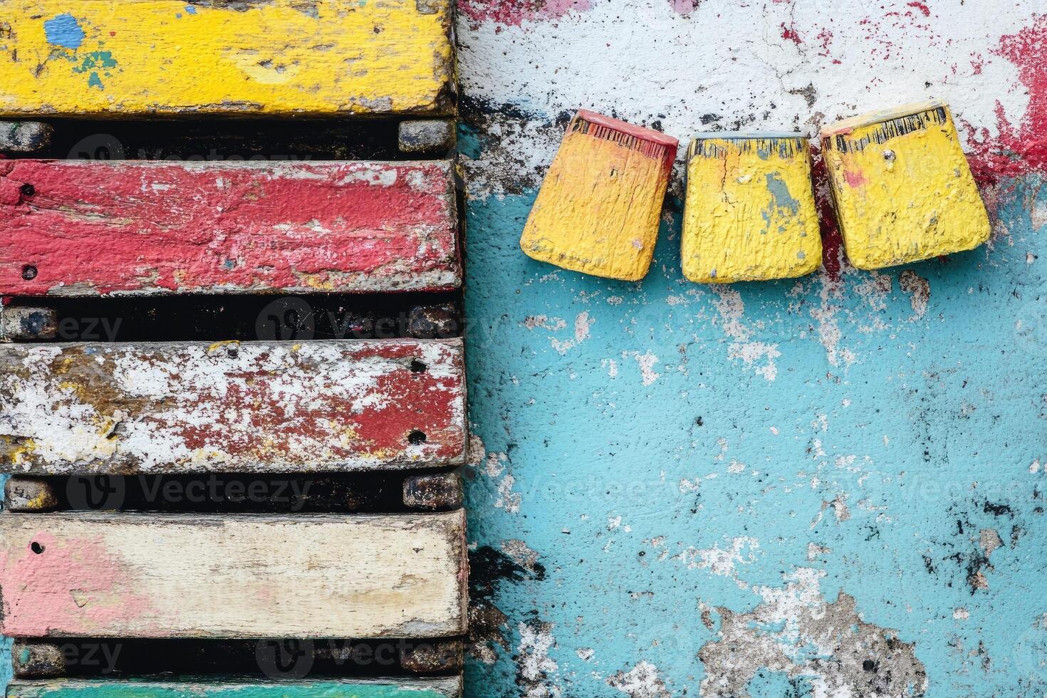 Colorful paintbrushes on a wall photo