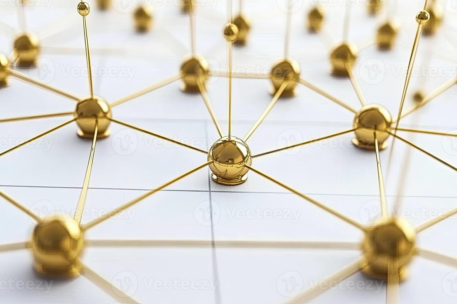 Golden network spheres connected by pins on a white grid photo