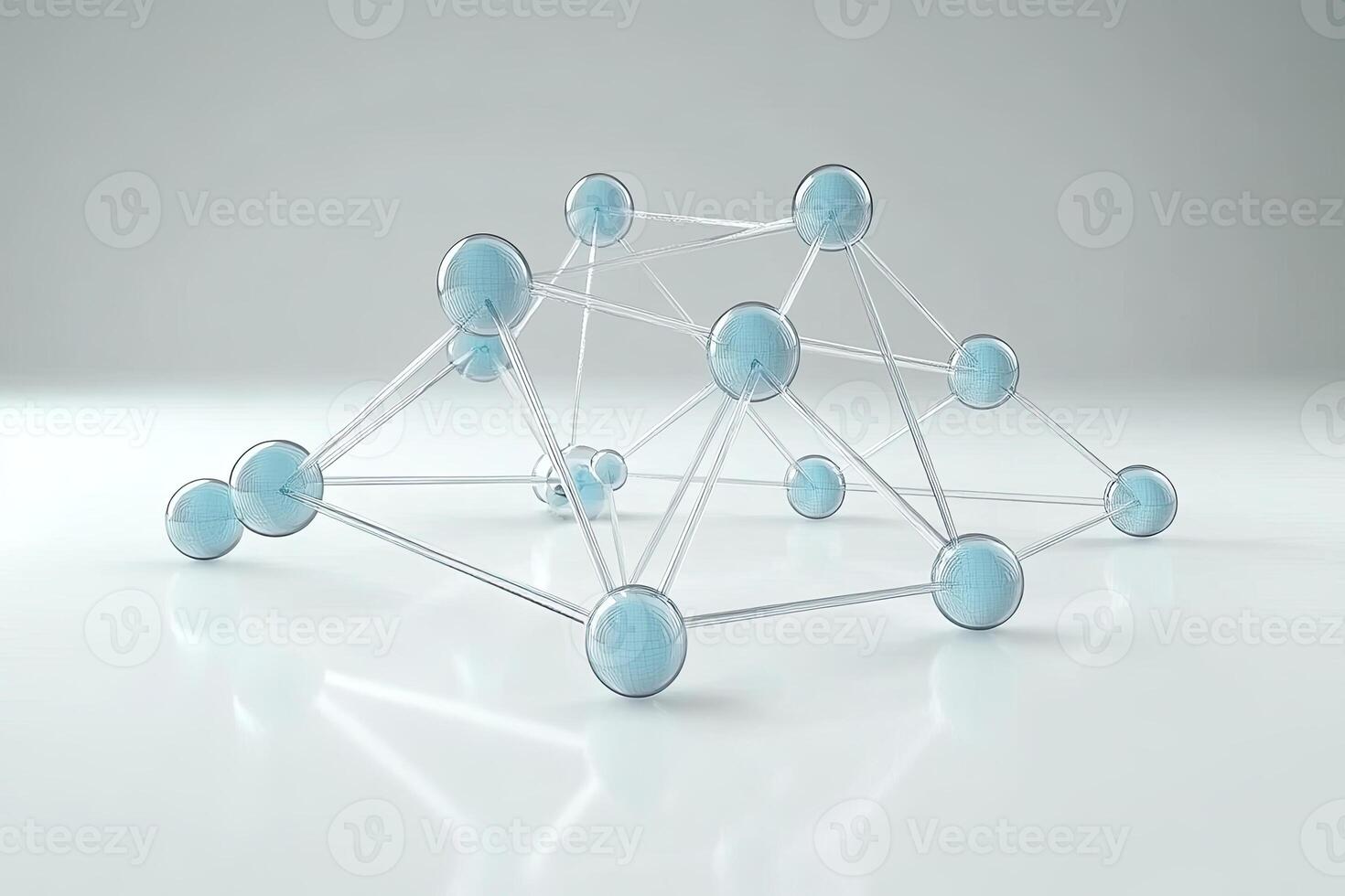 Abstract molecular structure, light-blue spheres connected by transparent lines photo