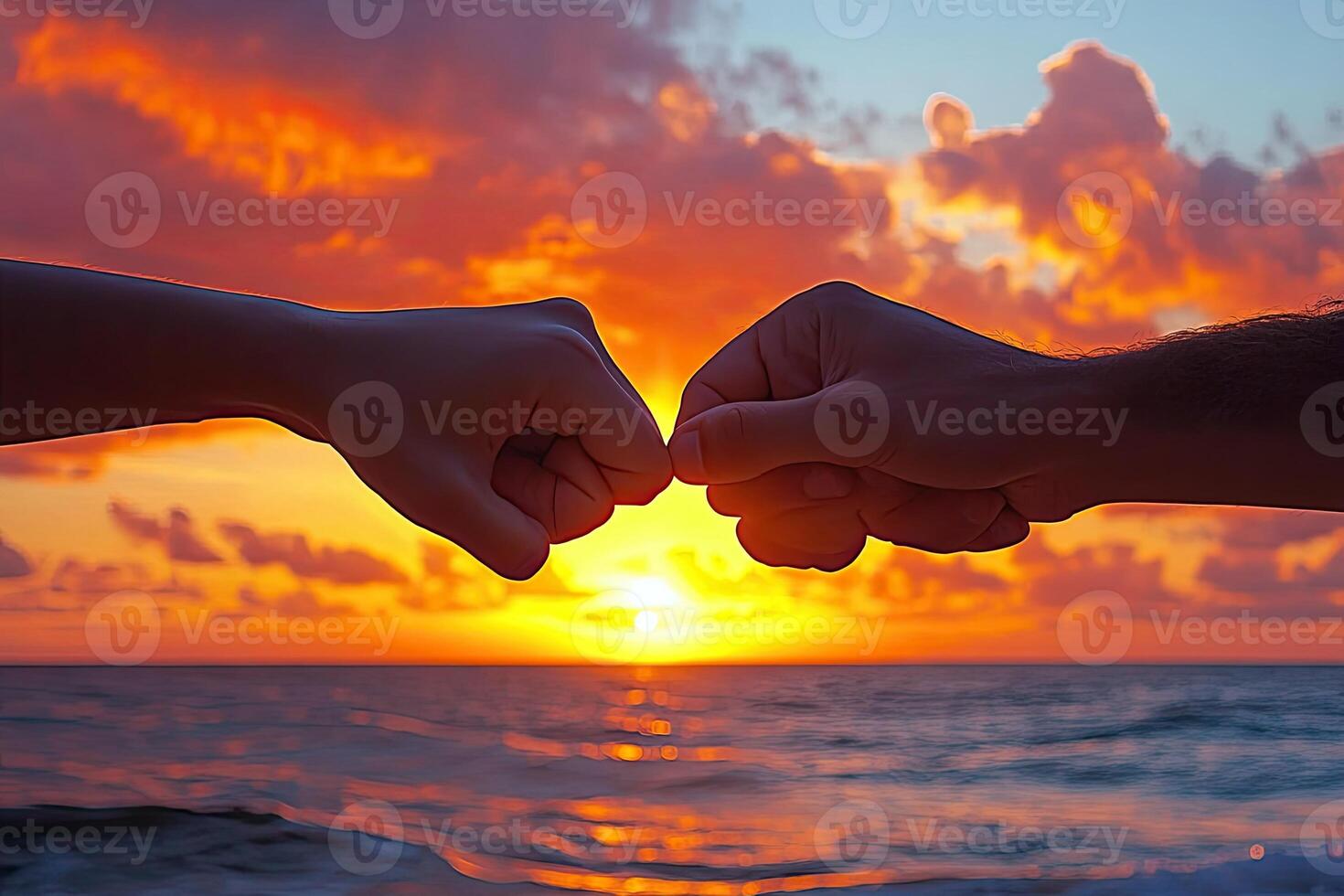 Two people holding hands at sunset photo