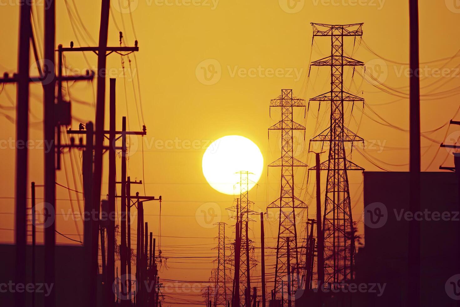 Power lines silhouette at sunset photo