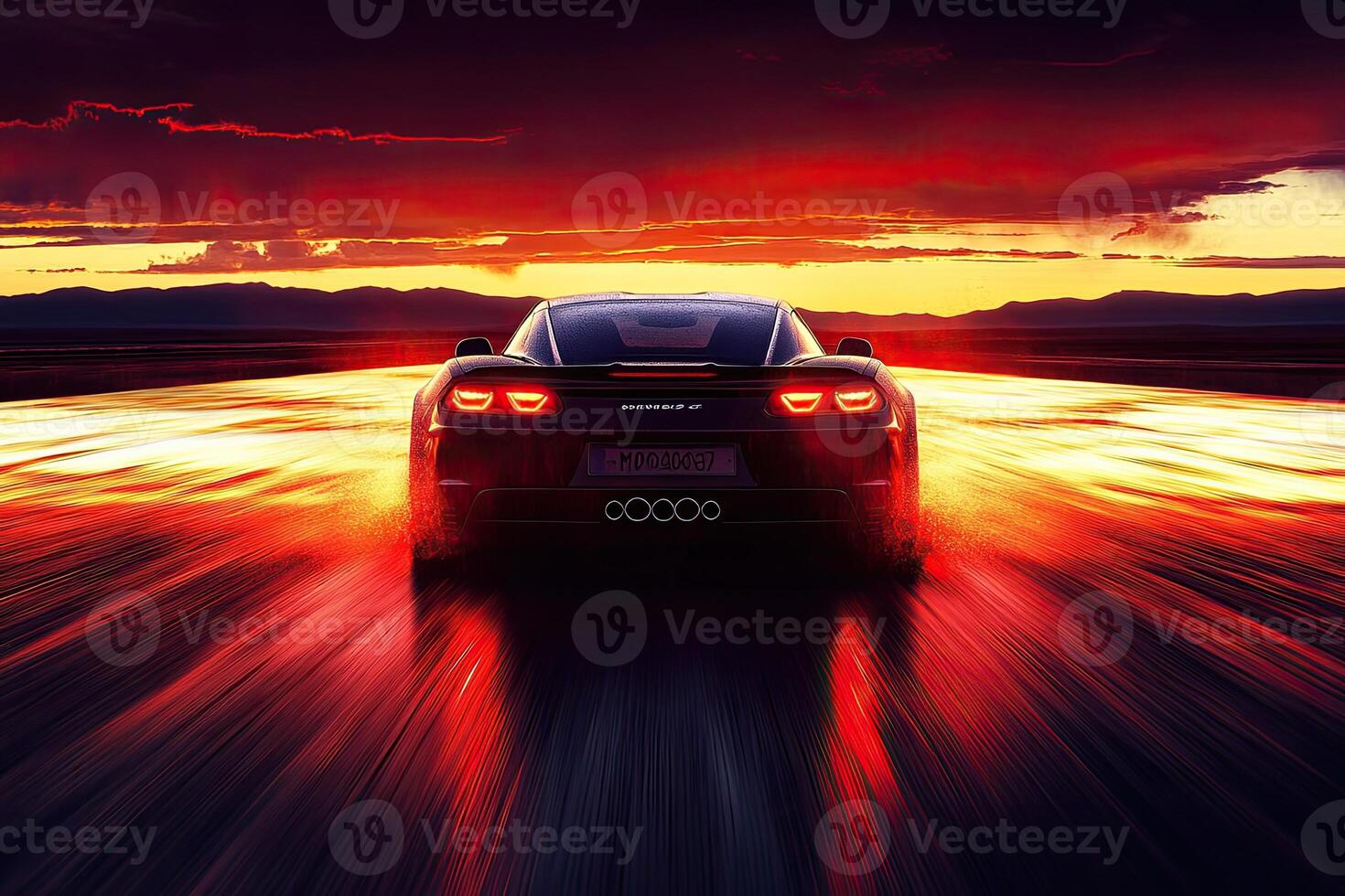 Dark sports car speeding across a fiery sunset highway photo