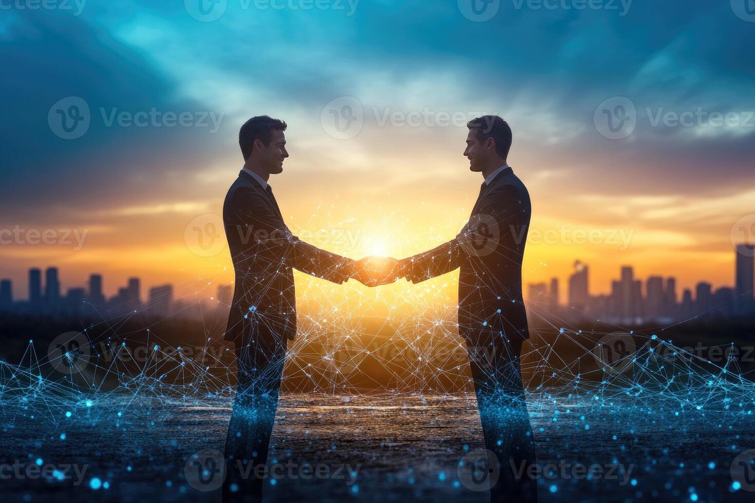 Business partnership at sunset. Two businessmen shaking hands, connected by digital network photo