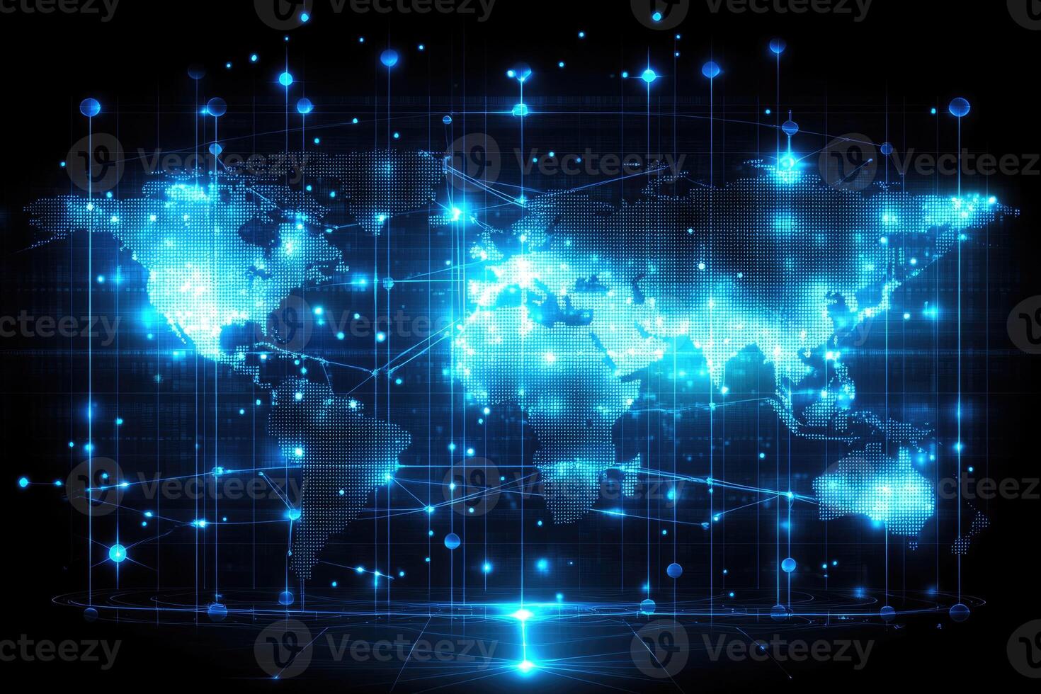 Global network map with glowing connections. Complex network of worldwide digital connections photo